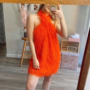 Zara Orange 70's Fluffy Halter Dress Low Back